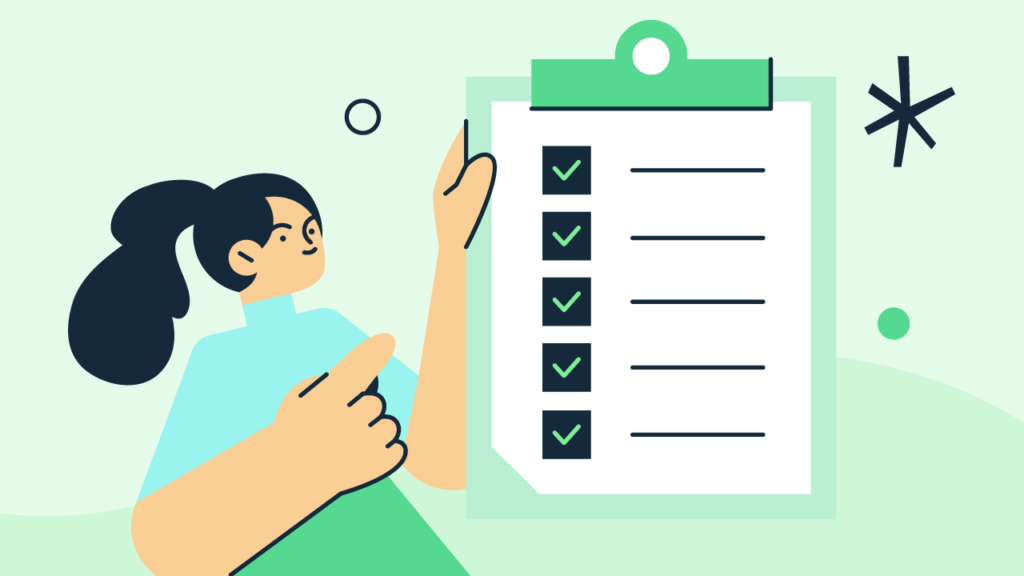 The image shows an illustration of a person with dark hair pointing at a large checklist on a clipboard. The checklist has several items, each marked with a green checkmark, indicating completion. The background is light green with abstract shapes.