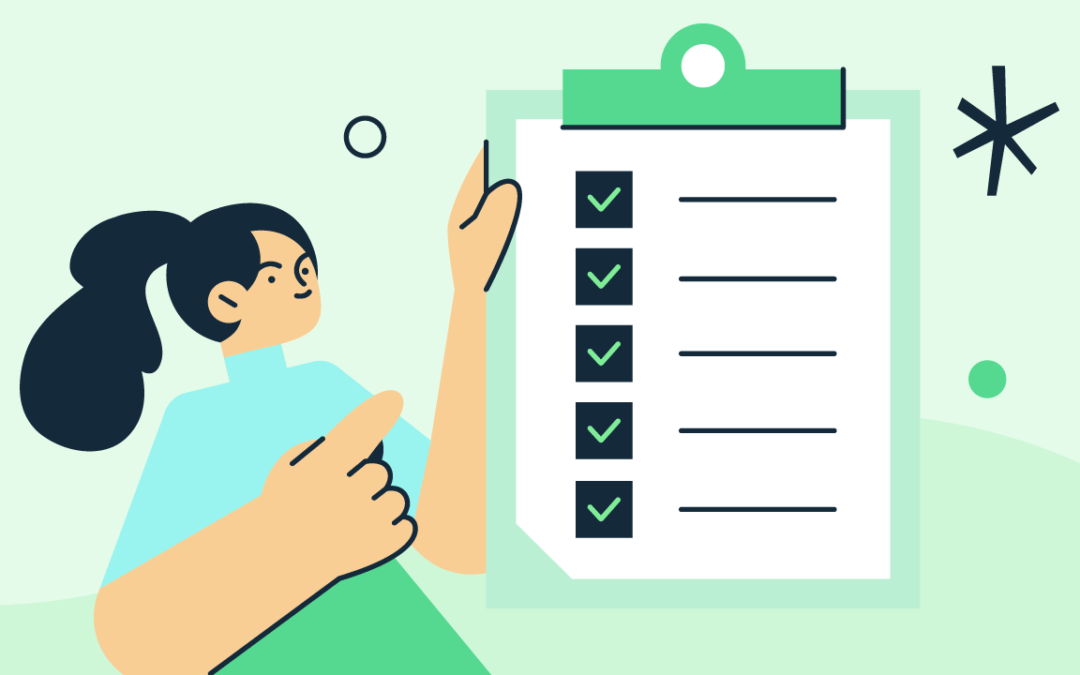 The image shows an illustration of a person with dark hair pointing at a large checklist on a clipboard. The checklist has several items, each marked with a green checkmark, indicating completion. The background is light green with abstract shapes.